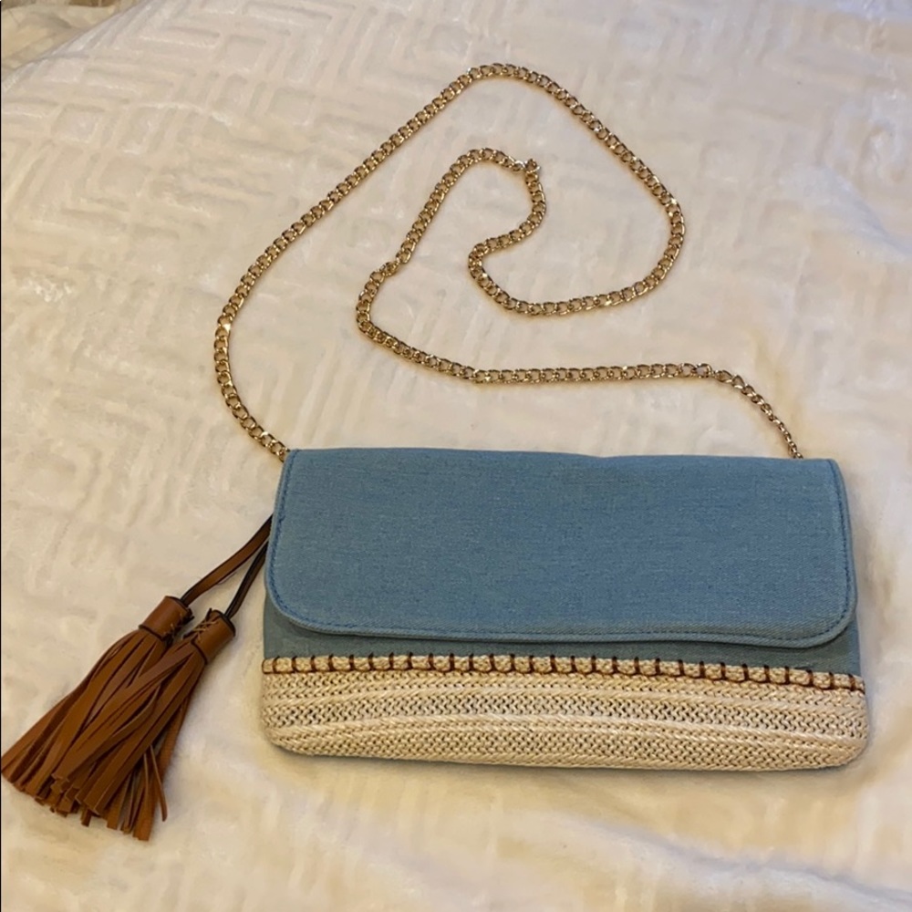 Denim chambray shoulder bag with removable tassels